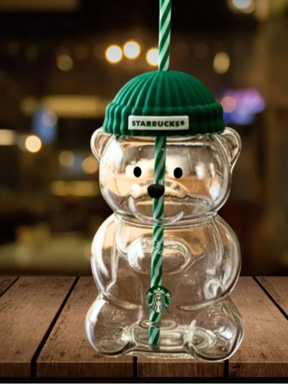 Starbucks Clear Bear Tumbler with Green Beanie Lid and Striped Straw